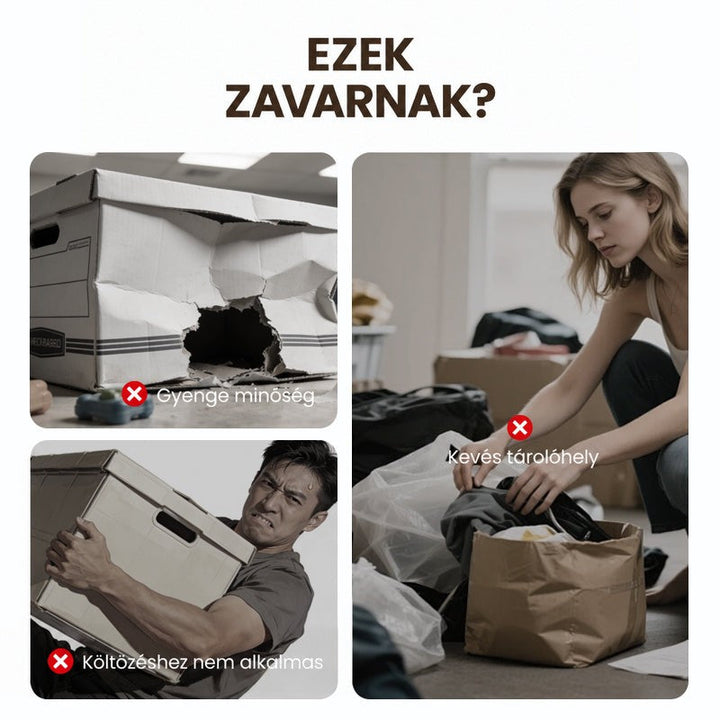 Három jelenet a hagyományos tárolás gondjairól: szakadt kartondoboz, nehezen cipelt doboz és túl kicsi papírzacskó, amelybe alig fér ruha. 2