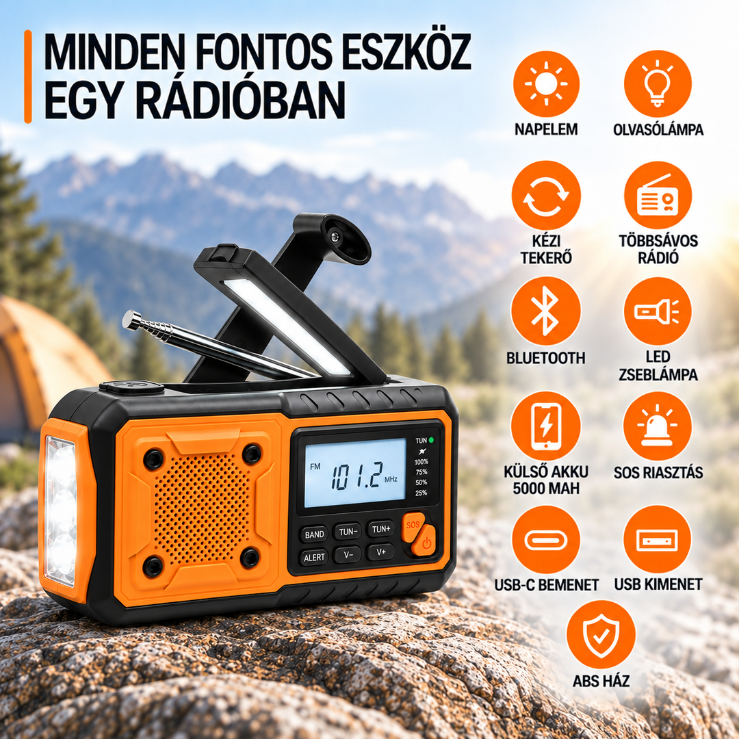 A rádió a hegyek előtt, mellette ikonok a funkcióiról, például Bluetooth, napelem, powerbank és SOS 7
