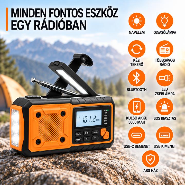 A rádió a hegyek előtt, mellette ikonok a funkcióiról, például Bluetooth, napelem, powerbank és SOS 7