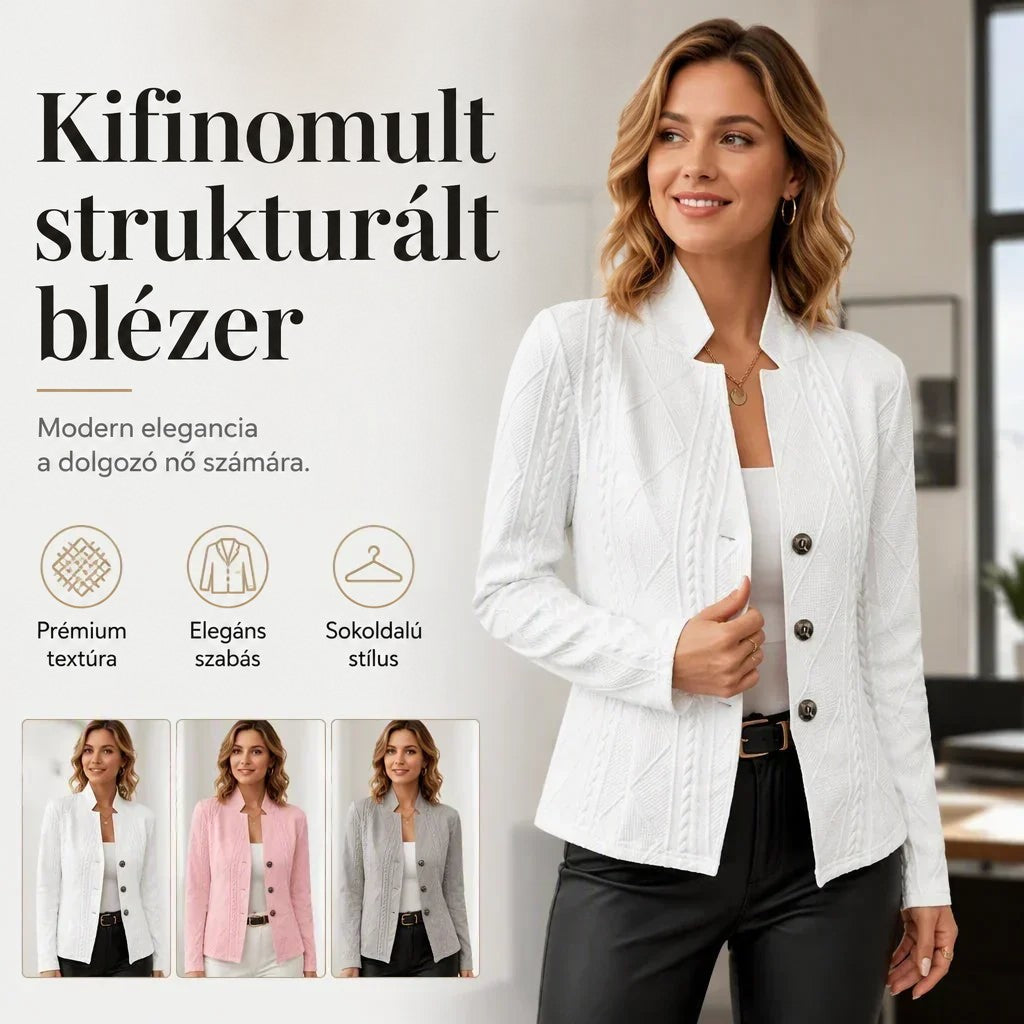 Fehér texturált blézer a modellen, alul kisebb képeken a fehér, rózsaszín és szürke színváltozat, ikonokkal a fő jellemzőkről. 17