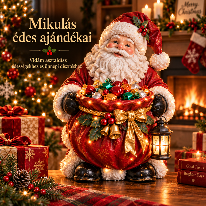 Mikulás alakú figura, aki piros zsákjában színes cukorkákat tart, ünnepi, meleg fényű díszletben 1