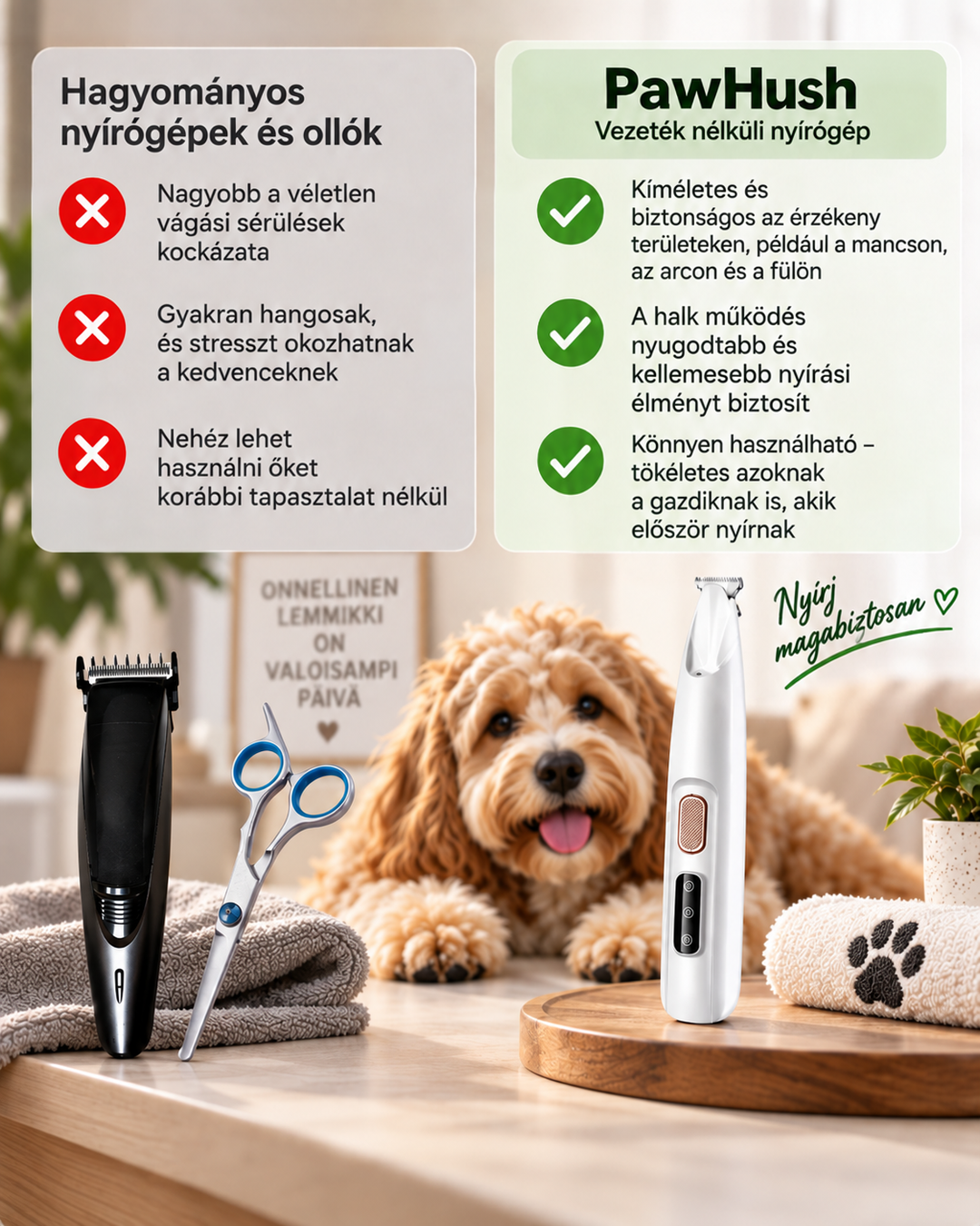 Összehasonlító kép: hagyományos fekete gép és olló mellett a kis fehér trimmelő, mögöttük egy kutya 4