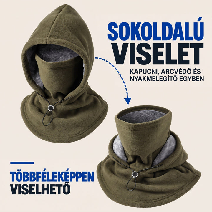 Olajzöld darab két viselési módban: kapucnis arcvédőként és külön nyakmelegítőként feltűrve 3