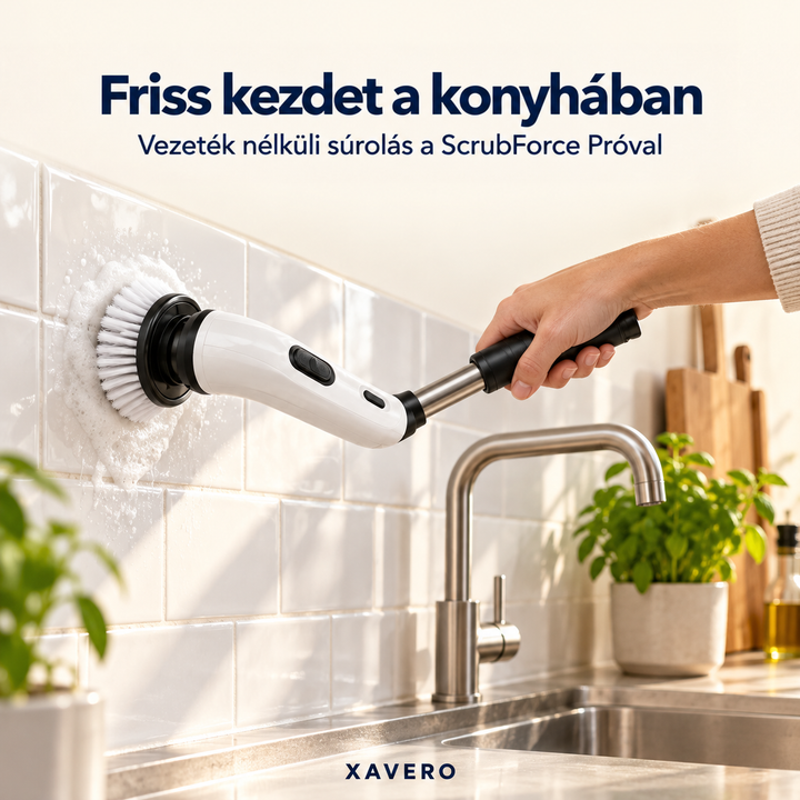 Rövidített nyéllel a konyhai csempefalat súrolja egy kéz habos felületen, csaptelep mellett 7