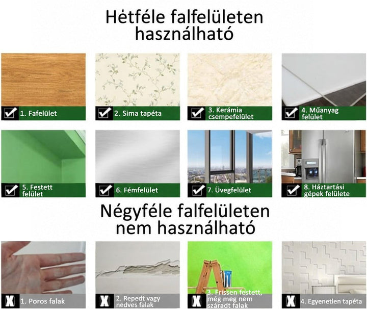 Összehasonlító kép arról, mely felületekre ragasztható a tükörfólia, és melyekre nem, apró mintafotókkal 5