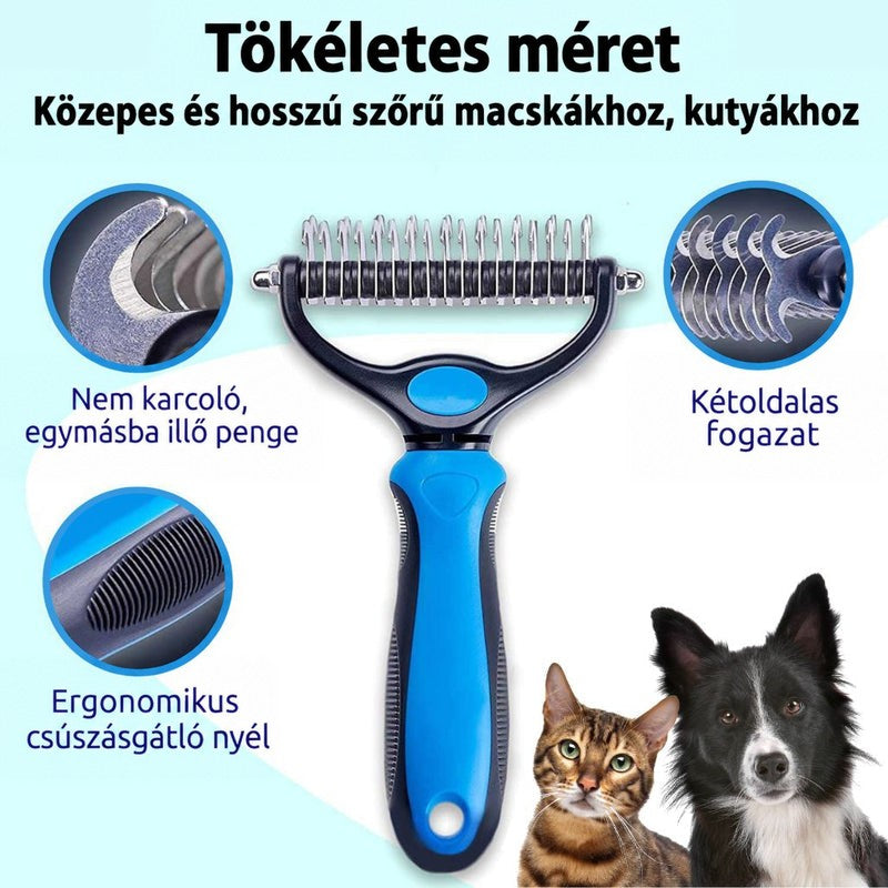 Kék-fekete ápoló gereblye közelképes részletekkel a fogakról és a markolatról, mellette egy macska és egy kutya. 1