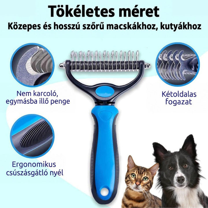 Kék-fekete ápoló gereblye közelképes részletekkel a fogakról és a markolatról, mellette egy macska és egy kutya. 1