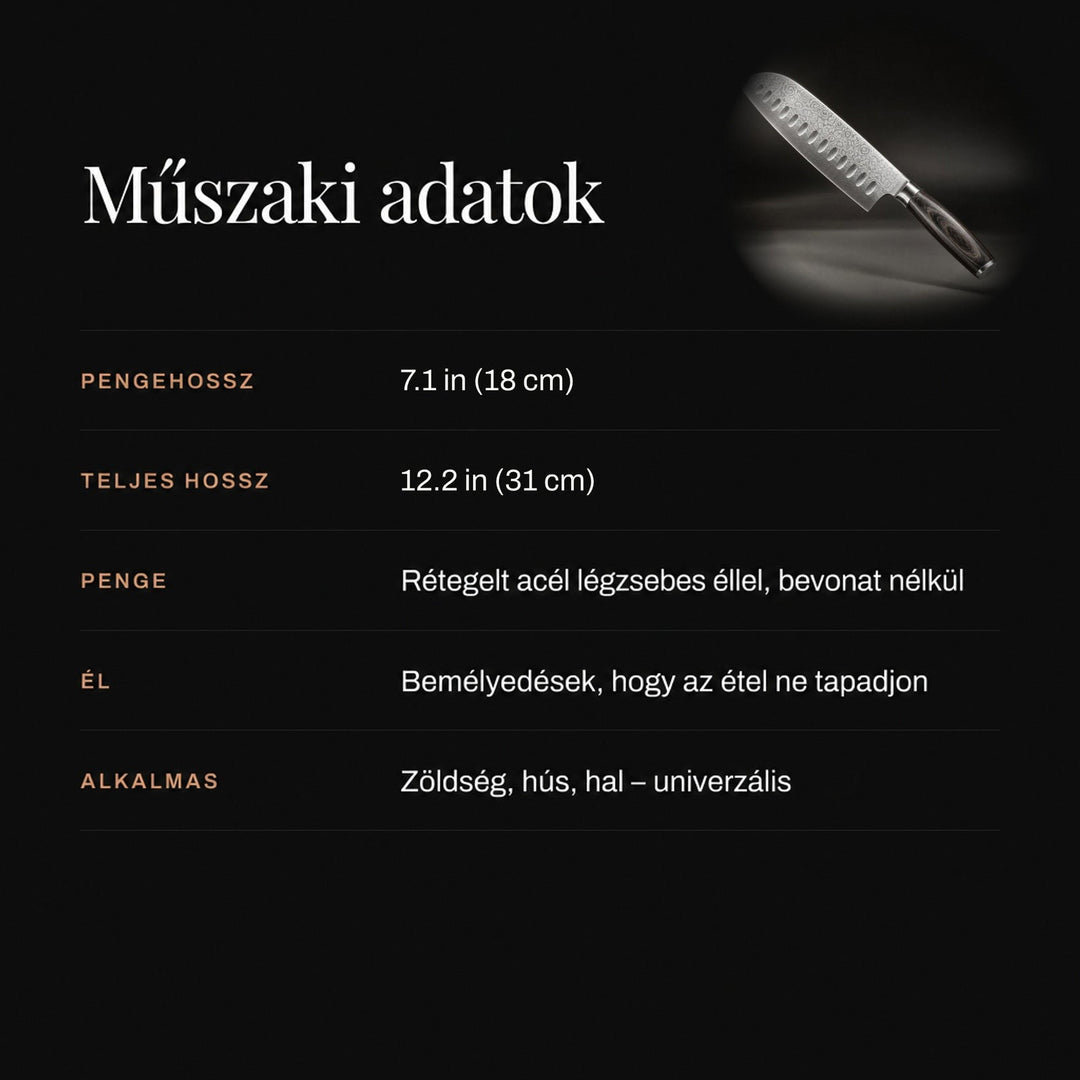 Sötét hátterű tájékoztató kép a kés méreteiről és tulajdonságairól, sarokban a késsel 4