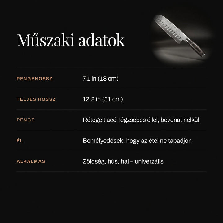 Sötét hátterű tájékoztató kép a kés méreteiről és tulajdonságairól, sarokban a késsel 4