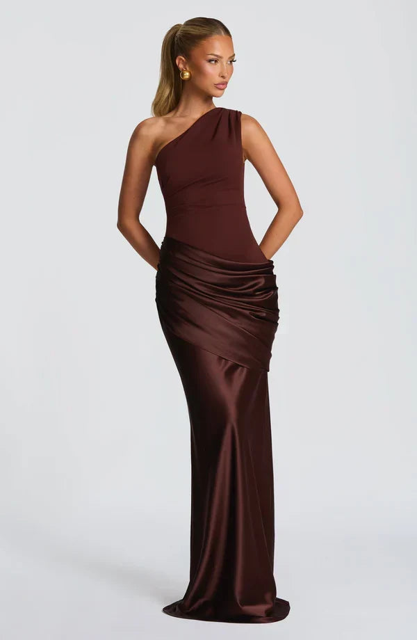 Sidonie One-Shoulder Draped Satin Maxi Dress 10