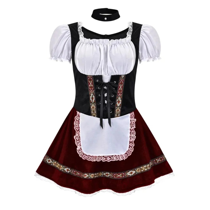 Fekete felsőrészű, bordó szoknyás dirndl fehér csipkés kötéllel, fekete nyakpánttal és rövid puffos ujjakkal 6