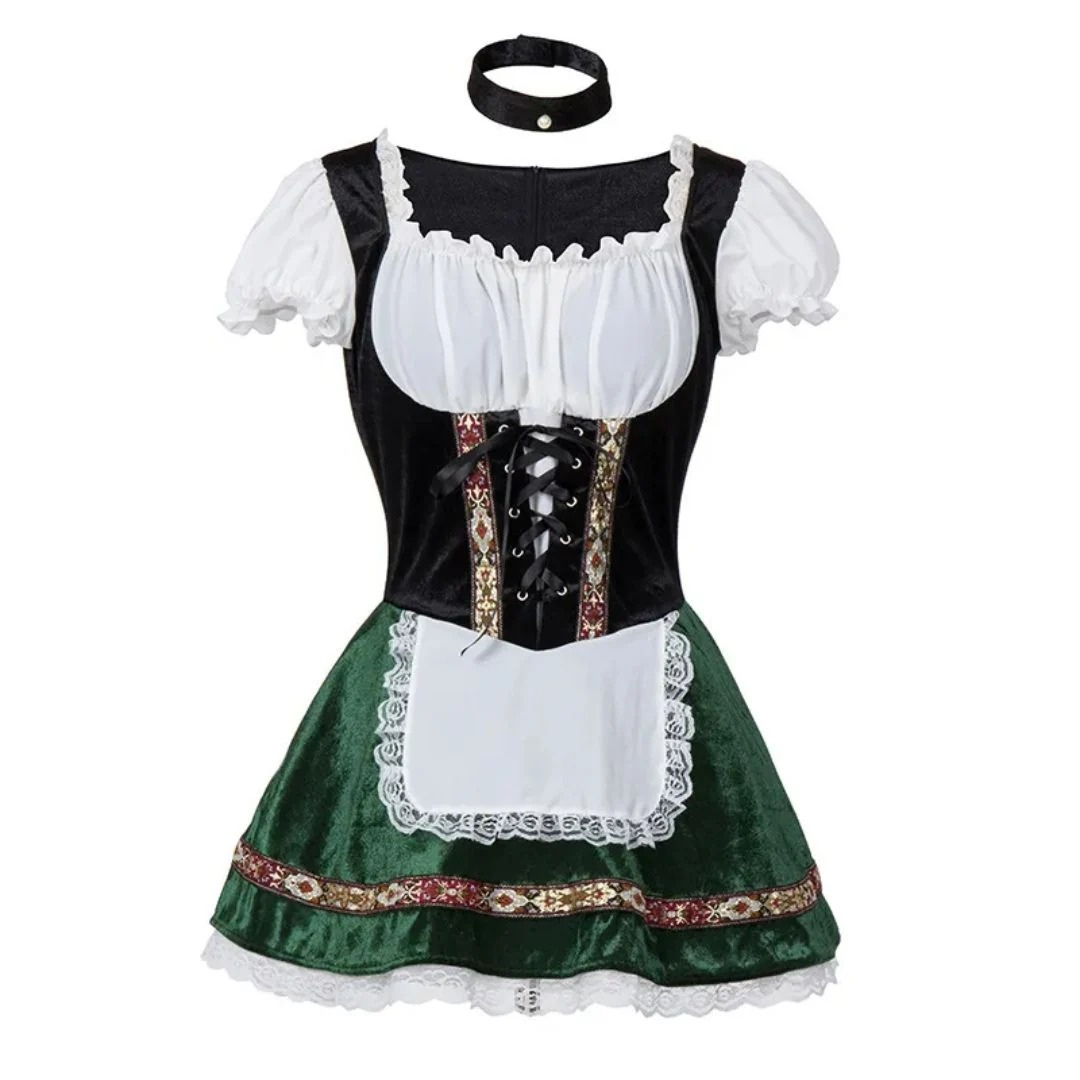 Fekete felsőrészű, sötétzöld szoknyás dirndl fehér csipkés kötéllel, fekete fűzővel és nyakpánttal 7