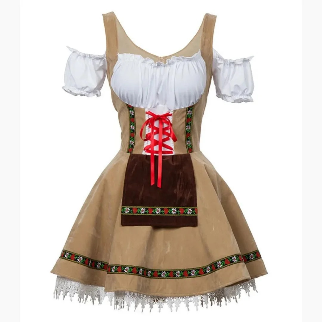 Drapp színű dirndl barna kötéllel, vörös fűzővel és hímzett szegéllyel, vállat szabaddá tevő fehér ujjakkal 1