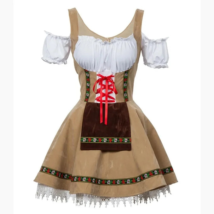 Drapp színű dirndl barna kötéllel, vörös fűzővel és hímzett szegéllyel, vállat szabaddá tevő fehér ujjakkal 1