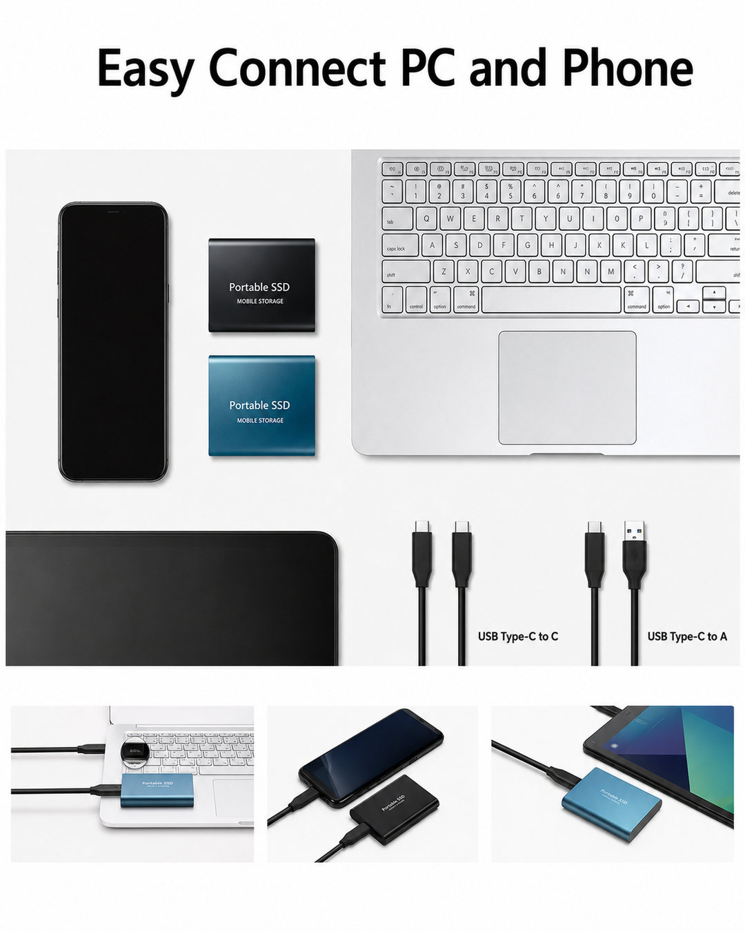 Fekete és kék SSD telefon, laptop és tablet mellett, két kábeltípussal, alul laptophoz, telefonhoz és tablethez csatlakoztatva. 4