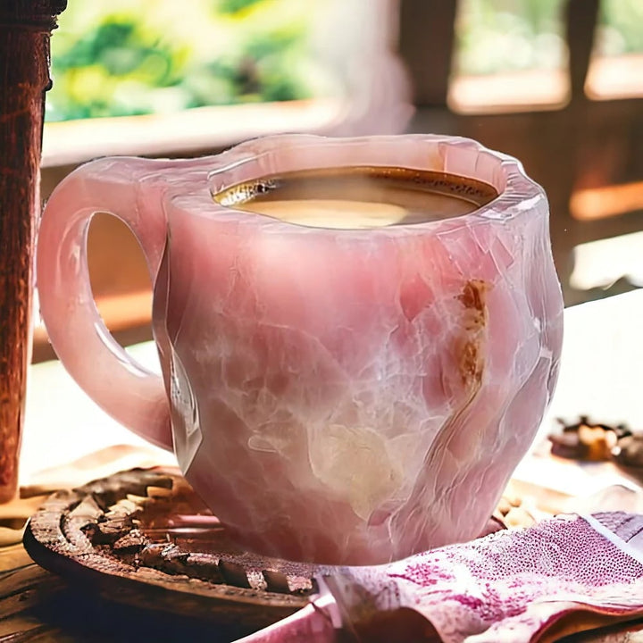 Rosa Kristallkaffeetasse mit heißem Getränk auf Holztisch, ideal für stilvolle Kaffeepausen.