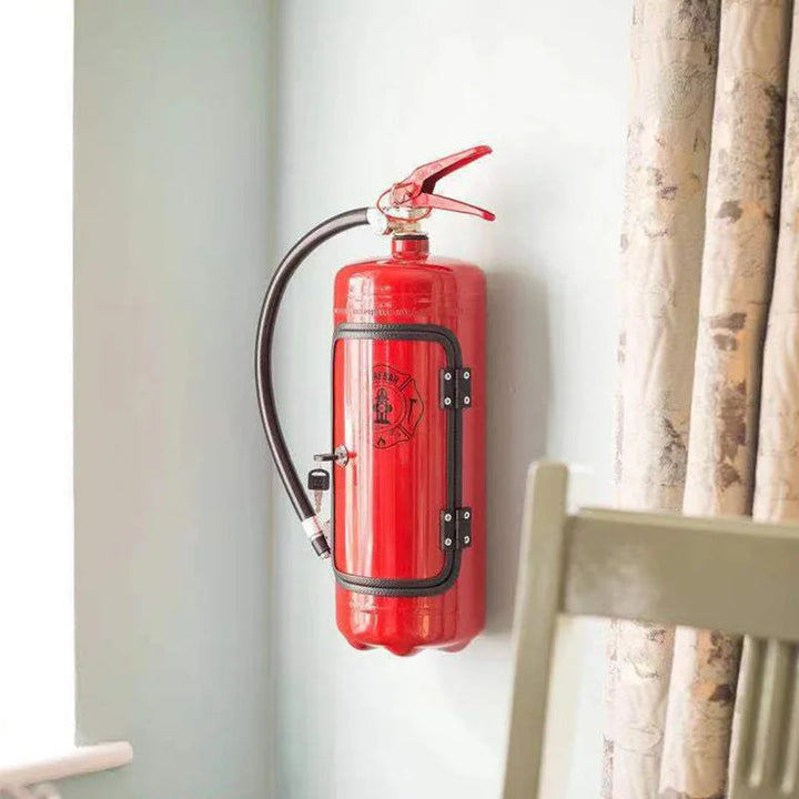 Roter Feuerlöscher an Wand montiert, Sicherheitsausrüstung, Brandschutz, Metall, Innenraum.