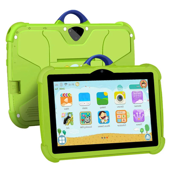 Zöld tokos tablet elölről és hátulról, gyerekbarát alkalmazásokkal a képernyőn 11