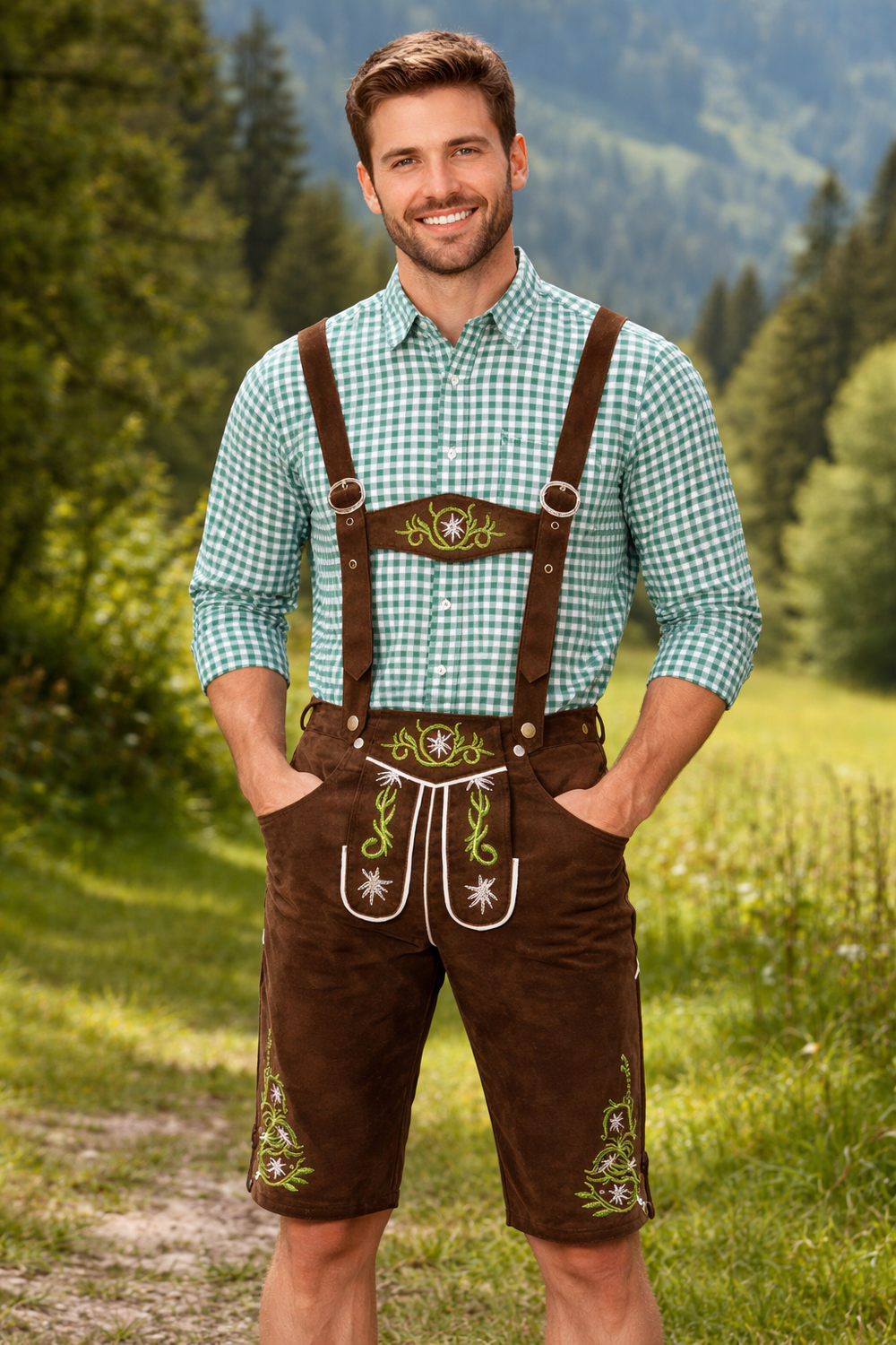 Ugyanaz a férfi a barna, zöld hímzésű lederhosenben és kockás ingben egy erdős, hegyi rét természetes környezetében áll. 2