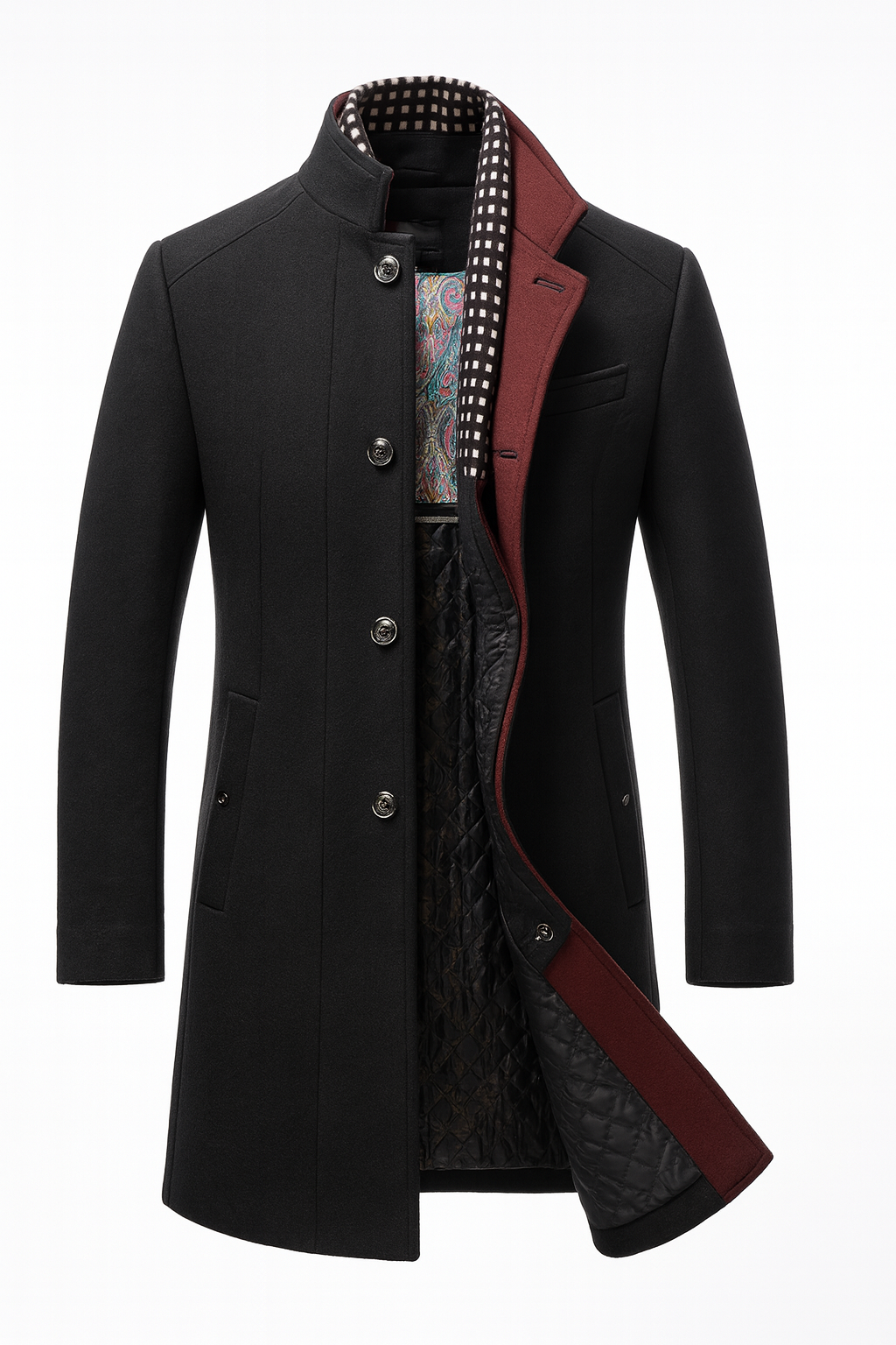 Fekete kabát elölről kigombolva, bordó belső gallérral, kockás sállal és fekete steppelt béléssel 3