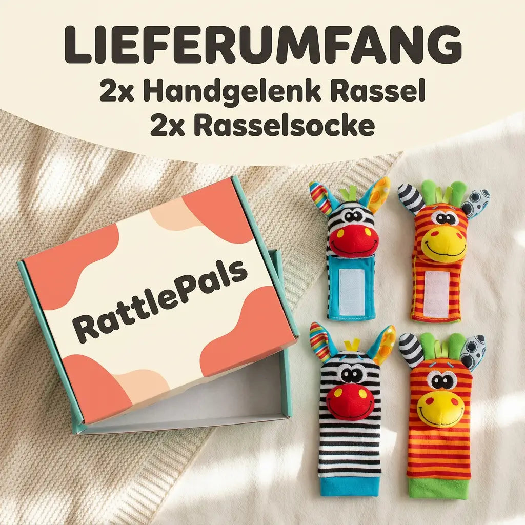 Nyitott kartondoboz mellett a teljes szett: két tépőzáras csuklópánt és két zokni zebra- és zsiráffejjel, plédre fektetve. 6