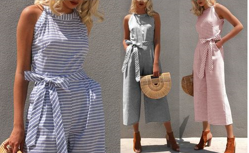 Csíkos női jumpsuit, átlapolós dekoltázzsal – Vivienne