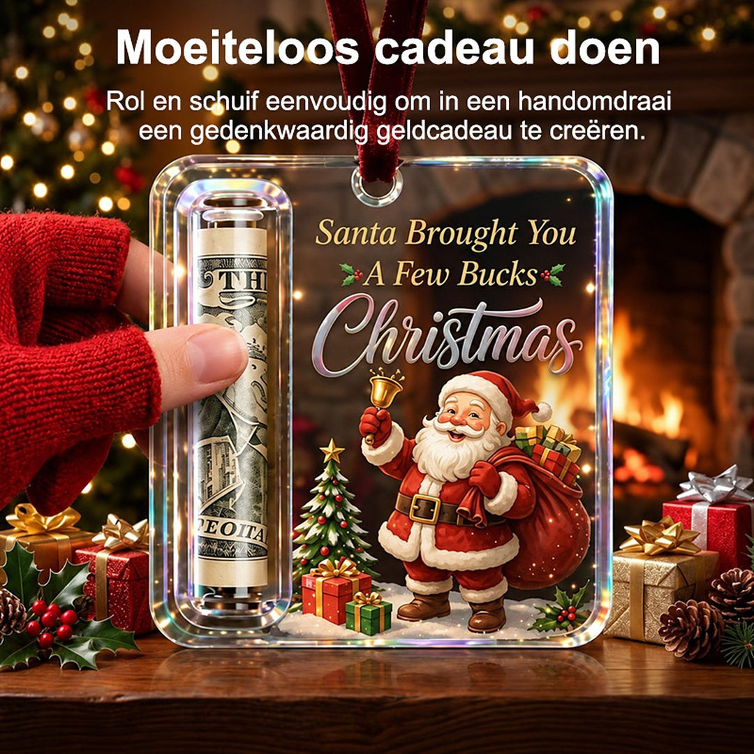 Kézben tartott akril dísz mikulásos mintával, a bal oldali csőben feltekert bankjegy látszik. 2