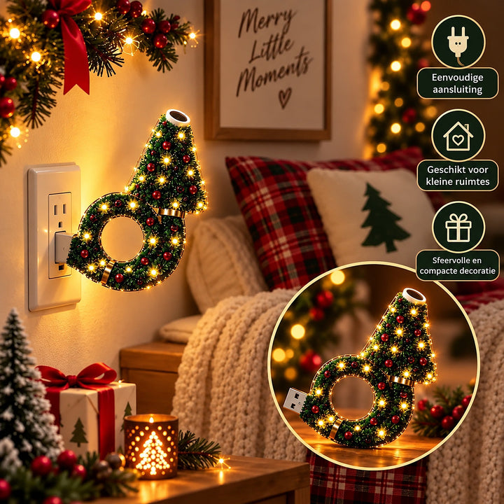 A lámpa egy fali konnektorba dugva világít a díszített szobában, kis képen asztalon is látszik; mellette a kompakt használat ikonjai. 7