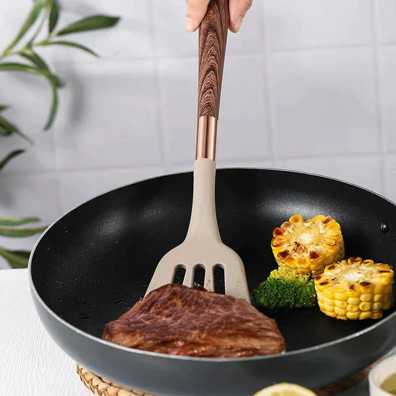 Élelmiszerbiztonsági szilikon konyhai eszközök fa fogantyúval - KitchenElegance