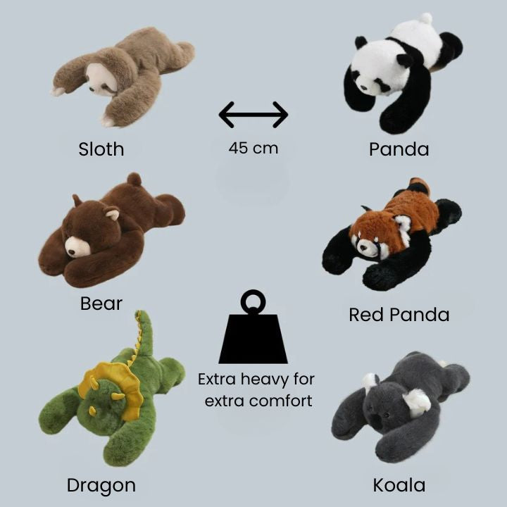 Áttekintő kép a hat változatról: lajhár, panda, barna medve, vörös panda, sárkány és koala, mellettük a 45 centis méret jelölése. 8
