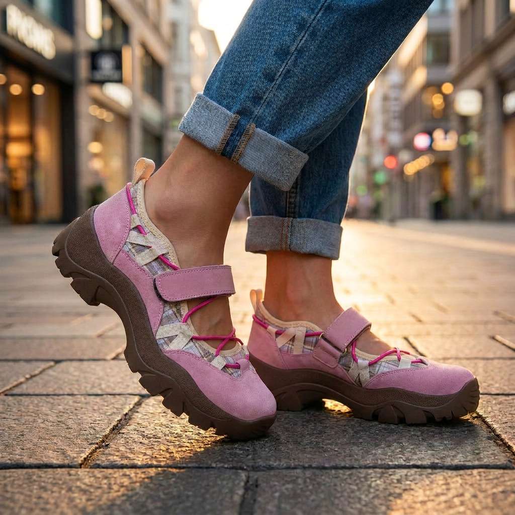 Rózsaszín velúr cipő pink gumipánttal és barna vastag talppal, feltűrt farmerrel, macskaköves városi utcán. 9