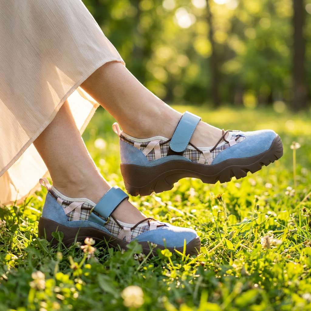 Kék velúr cipő kockás betéttel és tépőzáras pánttal, nyári fűben, könnyű szoknyás modellen. 8
