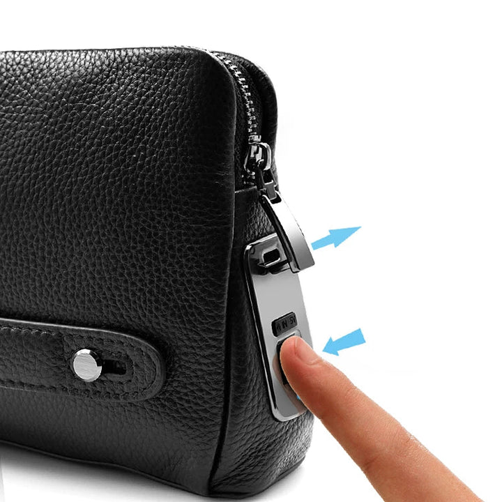 Férfi bőrtáska lopásgátló clutch ujjlenyomat-zárral – Fekete-kék
