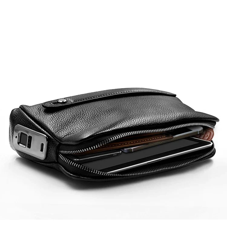 Férfi bőrtáska lopásgátló clutch ujjlenyomat-zárral – Fekete-kék