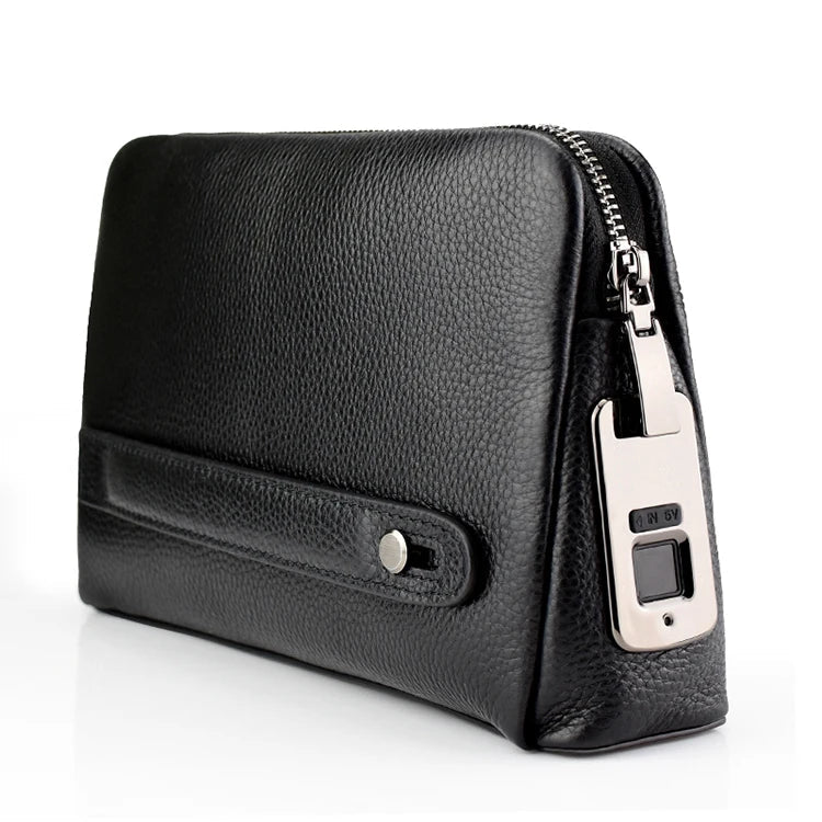Férfi bőrtáska lopásgátló clutch ujjlenyomat-zárral – Fekete-kék