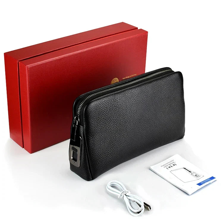 Férfi bőrtáska lopásgátló clutch ujjlenyomat-zárral – Fekete-kék