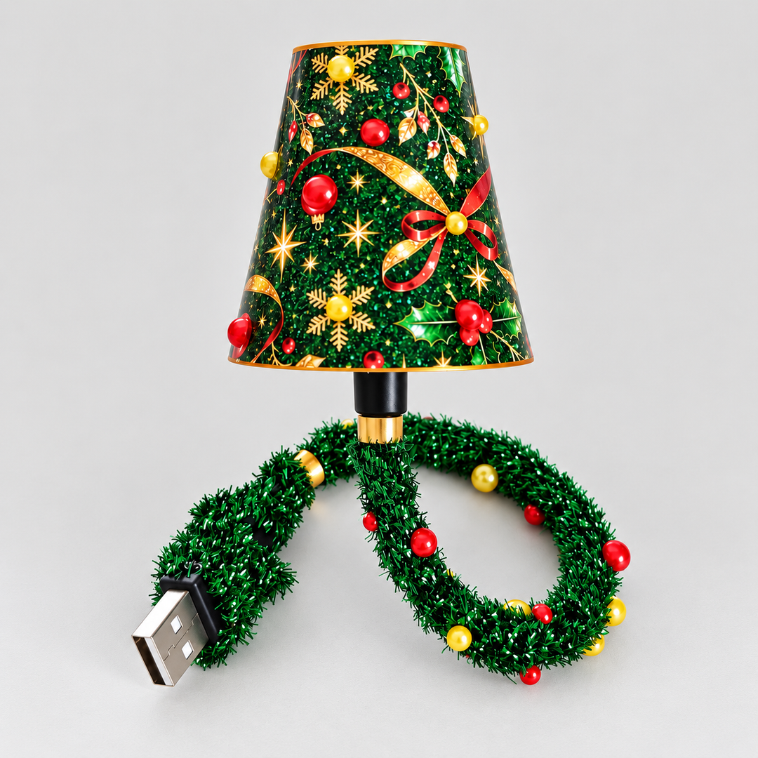 Zöld, arany csillagokkal, masnival és piros gömbökkel díszített lámpaernyős projektor, girland borítású USB-kábellel, világos háttér előtt. 1