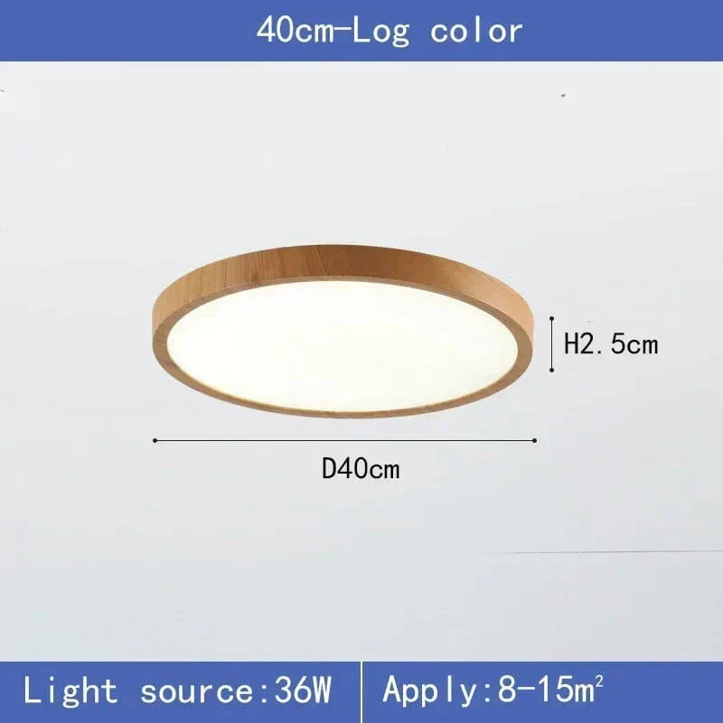 Méretábrás kép a 40 cm átmérőjű, világos fa hatású lámpáról, teljesítmény- és alapterület-adatokkal. 8