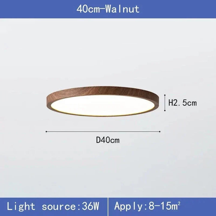 Méretábrás kép a 40 cm átmérőjű diófa hatású lámpáról, teljesítmény- és alapterület-adatokkal. 10