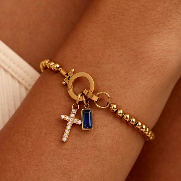 Nova Bead Birthstone Bracelet with Cross Charm 31