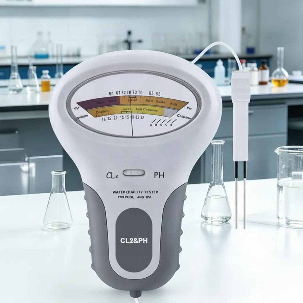 A mérő laboratóriumi asztalon, üvegedények között, mellette a kétágú szonda és a színes analóg skála. 5