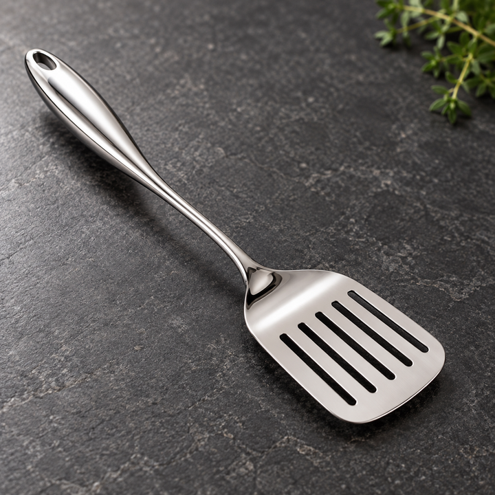 Közeli kép a réses spatuláról sötét kőlapon, kakukkfűággal, a fényes nyél és a hosszanti rések jól láthatók. 14
