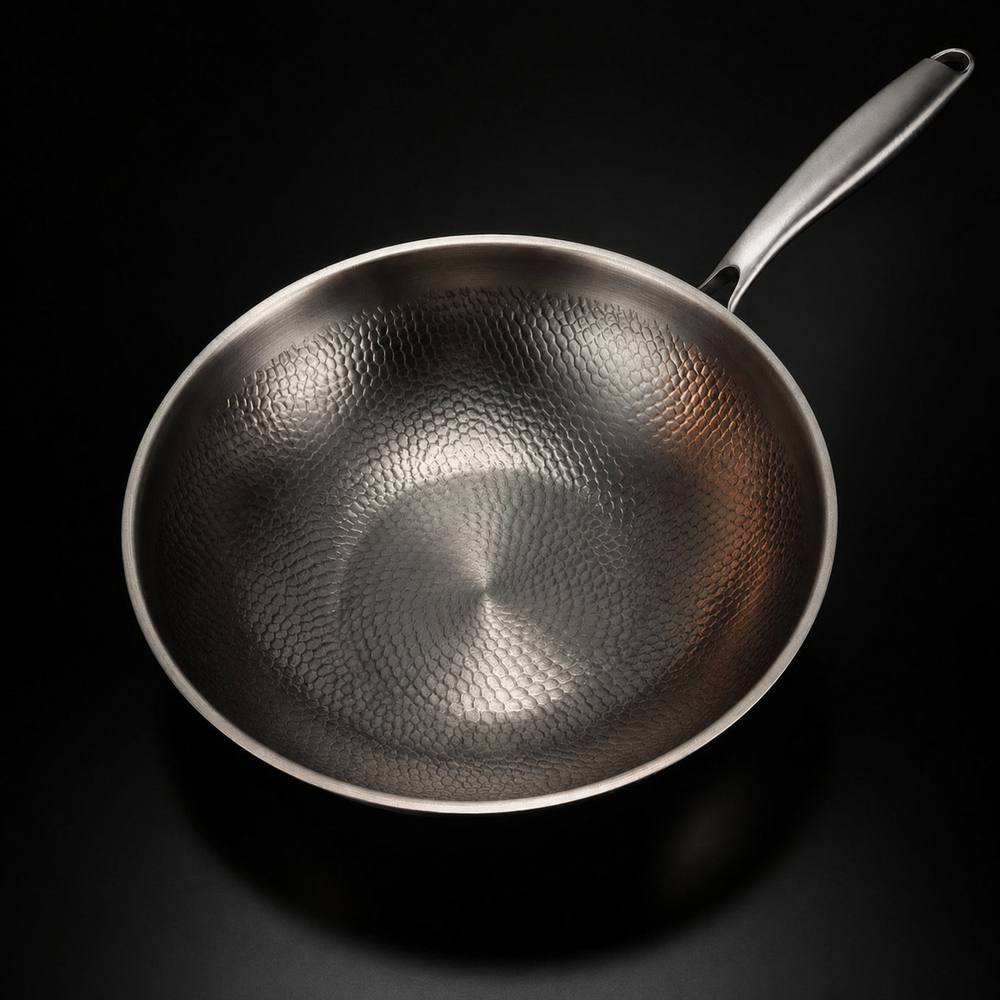 A wok felülnézetből, jól látszik a belső felület kalapált, pikkelyes mintázata és a hosszú nyél. 2