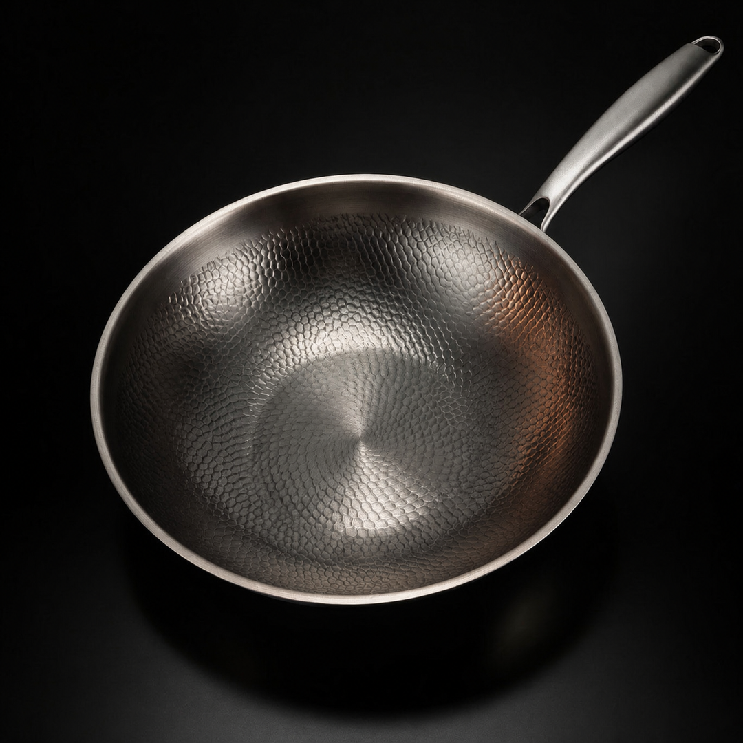 A wok felülnézetből, jól látszik a belső felület kalapált, pikkelyes mintázata és a hosszú nyél. 2