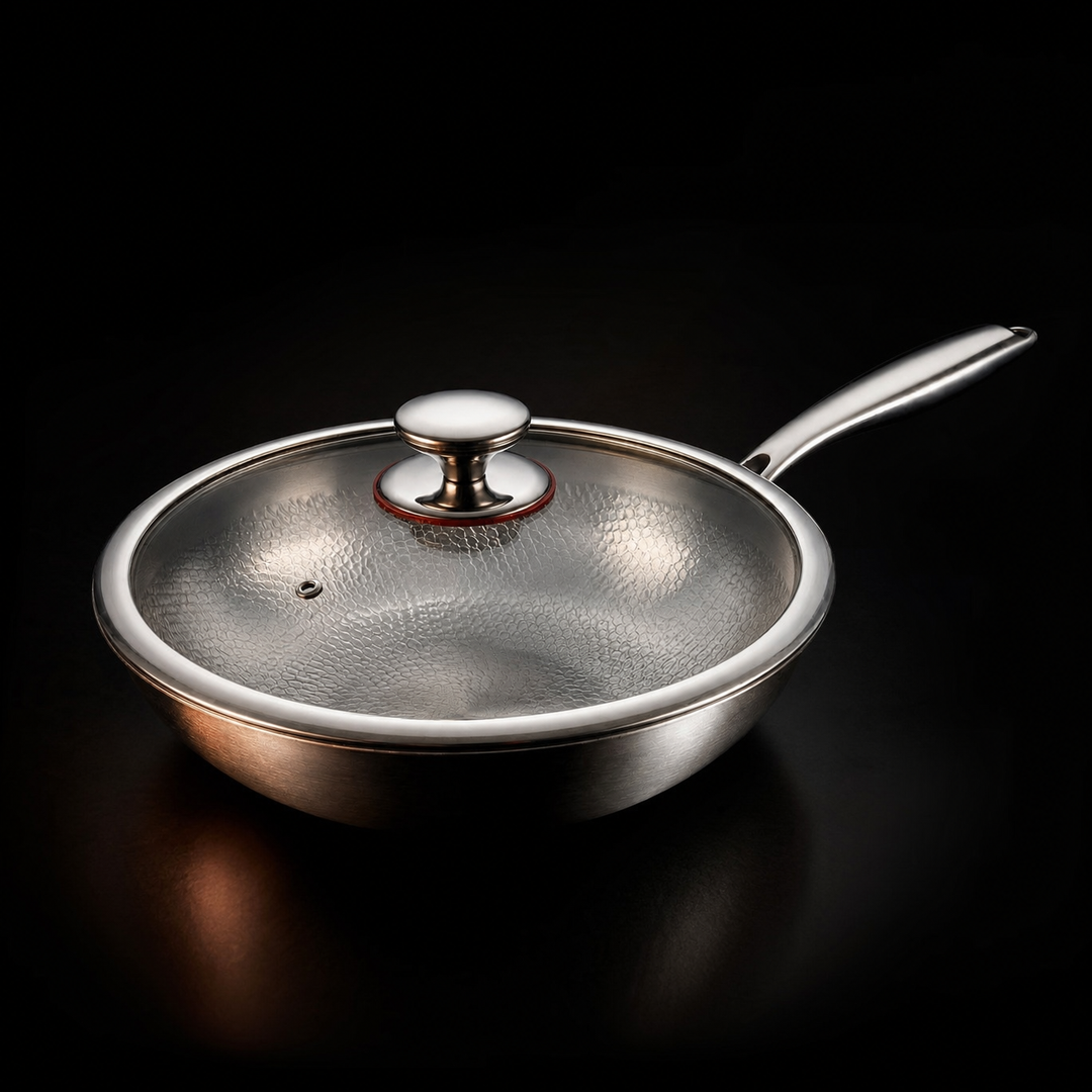 A wok üvegfedővel lezárva, fém fogantyúval és gőzkivezető nyílással, sötét háttéren. 3