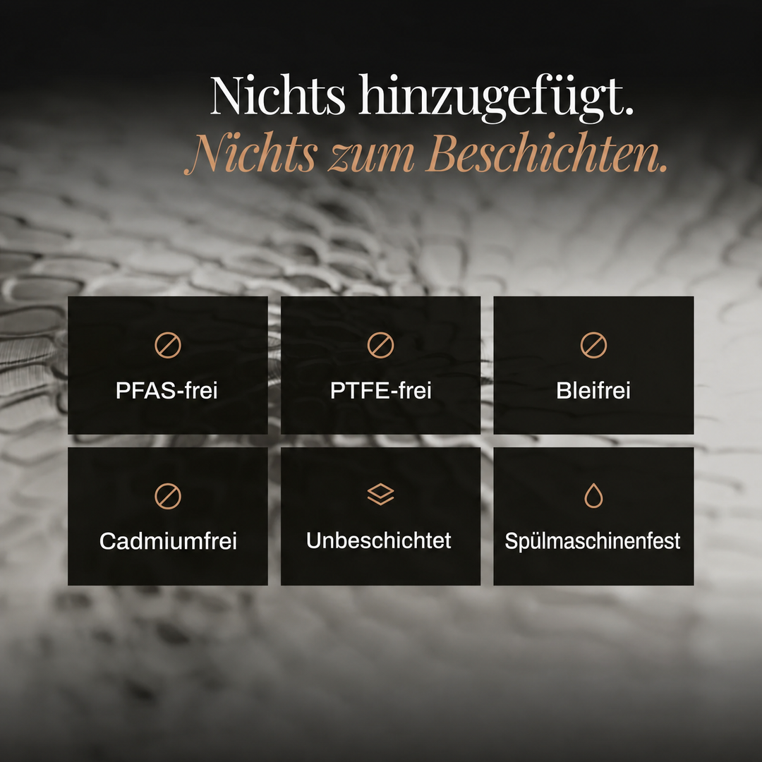 Ikonos tájékoztató grafika a kalapált felület fölött: bevonatmentes, vegyi anyagoktól mentes, mosogatógépben mosható serpenyő jellemzői. 6