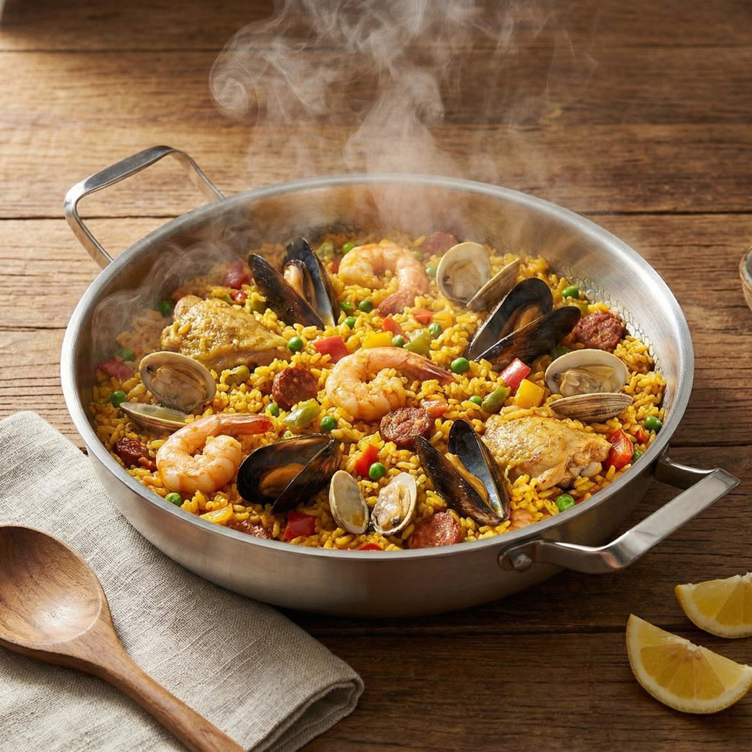Gőzölgő paella kagylóval, garnélával, csirkével és kolbásszal a serpenyőben, fa asztalon, fakanál, vászonszalvéta és citromcikkek mellett. 7