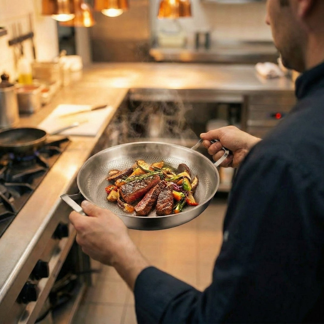 Szakács két kézzel tartja a serpenyőt a két fogantyúnál, benne szeletelt sült hús és zöldségek, gőzölgő professzionális konyhában. 6