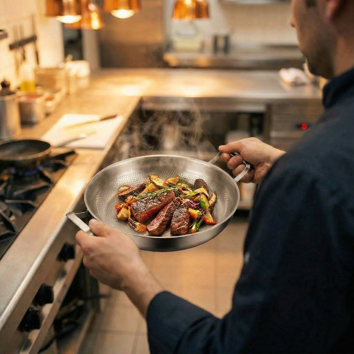 Szakács két kézzel tartja a serpenyőt a két fogantyúnál, benne szeletelt sült hús és zöldségek, gőzölgő professzionális konyhában. 6