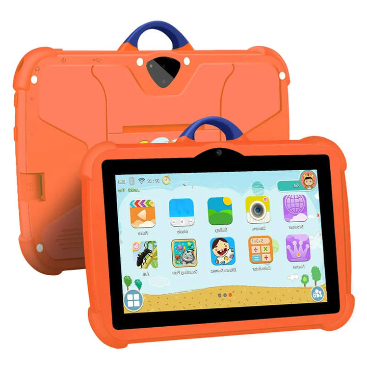 Narancssárga tokos tablet elölről és hátulról, gyerekbarát alkalmazásokkal a képernyőn 10